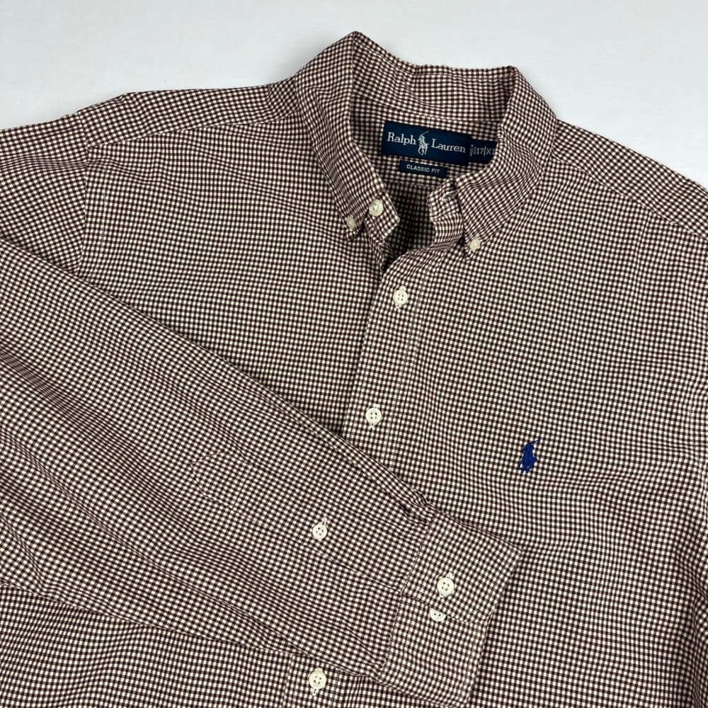 Ralph Lauren EUC Button Down Men XL Burgundy‎ Gingham Classic Fit Cotton